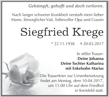 Traueranzeige von Siegfried Krege von Super Sonntag SGH Mansf. Land