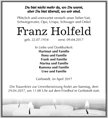 Traueranzeige von Franz Holfeld von Mitteldeutsche Zeitung Mansfelder Land