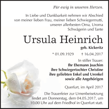 Traueranzeige von Ursula Heinrich von WVG - Wochenspiegel Merseburg
