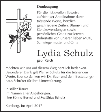 Traueranzeige von Lydia Schulz von Super Sonntag Wittenberg