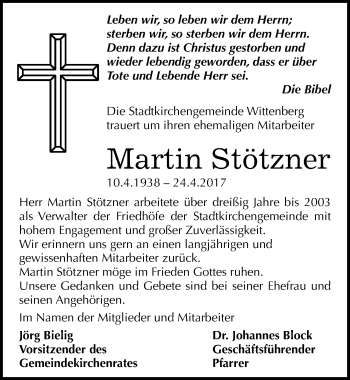 Traueranzeige von Martin Stötzner von Mitteldeutsche Zeitung Wittenberg