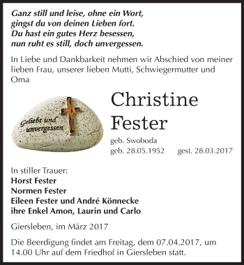 Traueranzeige von Christine Fester von Mitteldeutsche Zeitung Aschersleben
