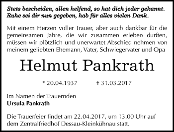 Traueranzeige von Helmut Pankrath von Mitteldeutsche Zeitung Dessau-Roßlau