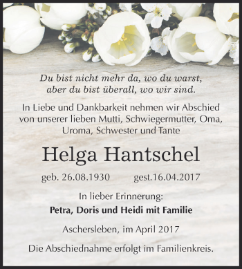 Traueranzeige von Helga Hantschel von Super Sonntag Aschersleben