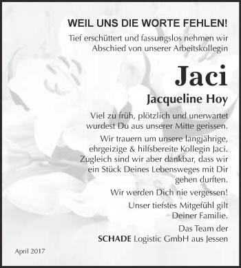 Traueranzeige von Jacqueline Hoy von WVG - Wochenspiegel Wittenberg