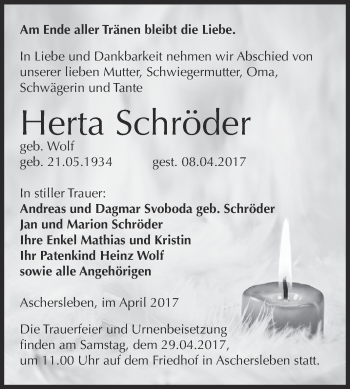 Traueranzeige von Herta Schröder von Super Sonntag Aschersleben