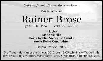 Traueranzeige von Rainer Brose von Mitteldeutsche Zeitung Mansfelder Land