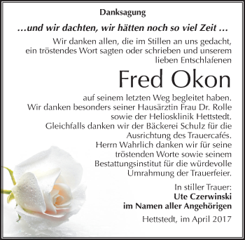 Traueranzeige von Fred Okon von Mitteldeutsche Zeitung Mansfelder Land
