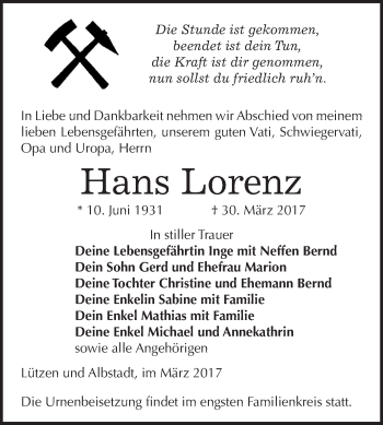 Traueranzeige von Hans Lorenz von Super Sonntag Zeitz