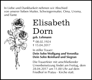 Traueranzeige von Elisabeth Dorn von Mitteldeutsche Zeitung Wittenberg