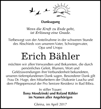Traueranzeige von Erich Bähler von Mitteldeutsche Zeitung Naumburg/Nebra