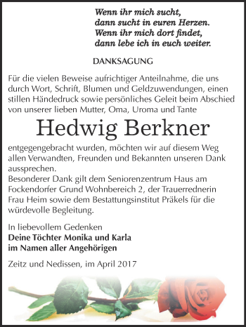 Traueranzeige von Hedwig Berkner von Super Sonntag Zeitz