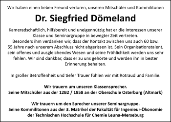 Traueranzeige von Siegfried Dömeland von Mitteldeutsche Zeitung Dessau-Roßlau
