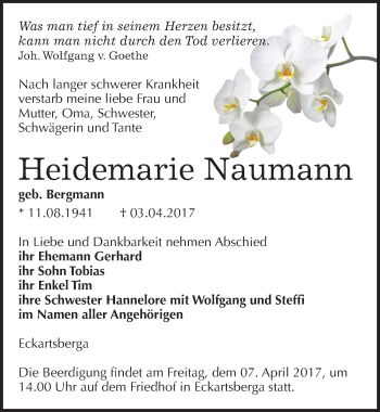 Traueranzeige von Heidemarie Naumann von Mitteldeutsche Zeitung Naumburg/Nebra