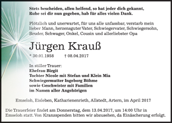 Traueranzeige von Jürgen Krauß von Mitteldeutsche Zeitung Sangerhausen