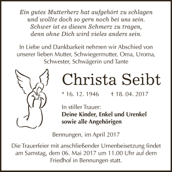 Traueranzeige von Christa Seibt von Super Sonntag SGH Mansf. Land