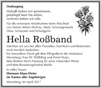 Traueranzeige von Hella Roßband von Mitteldeutsche Zeitung Merseburg/Querfurt