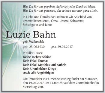 Traueranzeige von Luzie Bahn von WVG - Wochenspiegel Merseburg