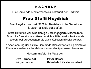 Traueranzeige von Steffi Heydrich von Mitteldeutsche Zeitung Mansfelder Land