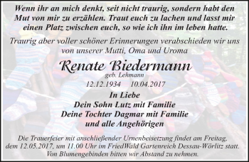 Traueranzeige von Renate Biedermann von Mitteldeutsche Zeitung Dessau-Roßlau