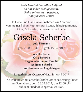 Traueranzeige von Gisela Scherbe von Super Sonntag SGH Mansf. Land