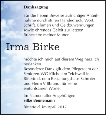 Traueranzeige von Irma Birke von Mitteldeutsche Zeitung Bitterfeld
