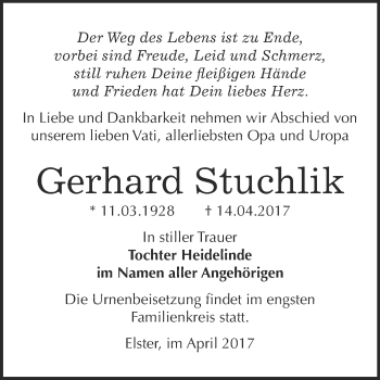 Traueranzeige von Gerhard Stuchlik von WVG - Wochenspiegel Wittenberg