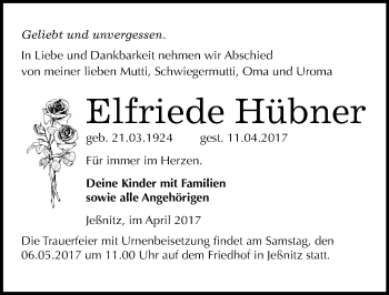 Traueranzeige von Elfriede Hübner von Mitteldeutsche Zeitung Bitterfeld