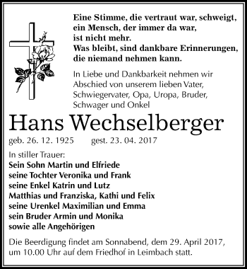 Traueranzeige von Hans Wechselberger von Mitteldeutsche Zeitung Mansfelder Land