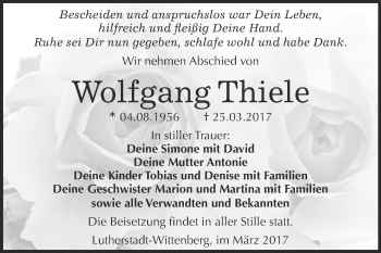 Traueranzeige von Wolfgang Thiele von Super Sonntag Wittenberg