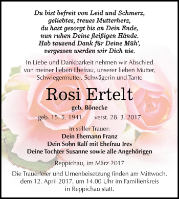 Traueranzeige von Rosi Ertelt von WVG - Wochenspiegel Dessau / Köthen