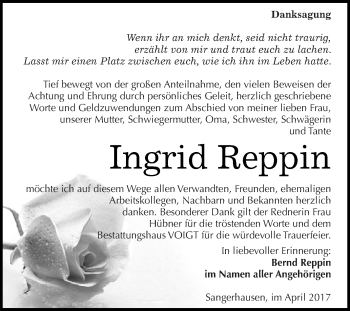 Traueranzeige von Ingrid Reppin von Super Sonntag SGH Mansf. Land