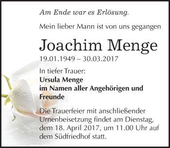 Traueranzeige von Joachim Menge von Mitteldeutsche Zeitung Halle/Saalkreis