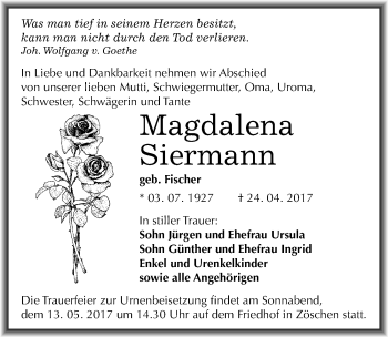 Traueranzeige von Magdalena Siemann von Mitteldeutsche Zeitung Merseburg/Querfurt
