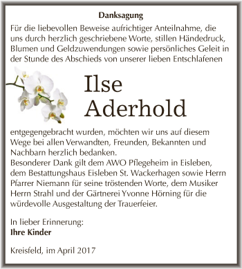 Traueranzeige von Ilse Aderhold von Wochenspiegel Mansfelder Land