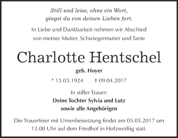 Traueranzeige von Charlotte Hentschel von WVG - Wochenspiegel Bitterfeld