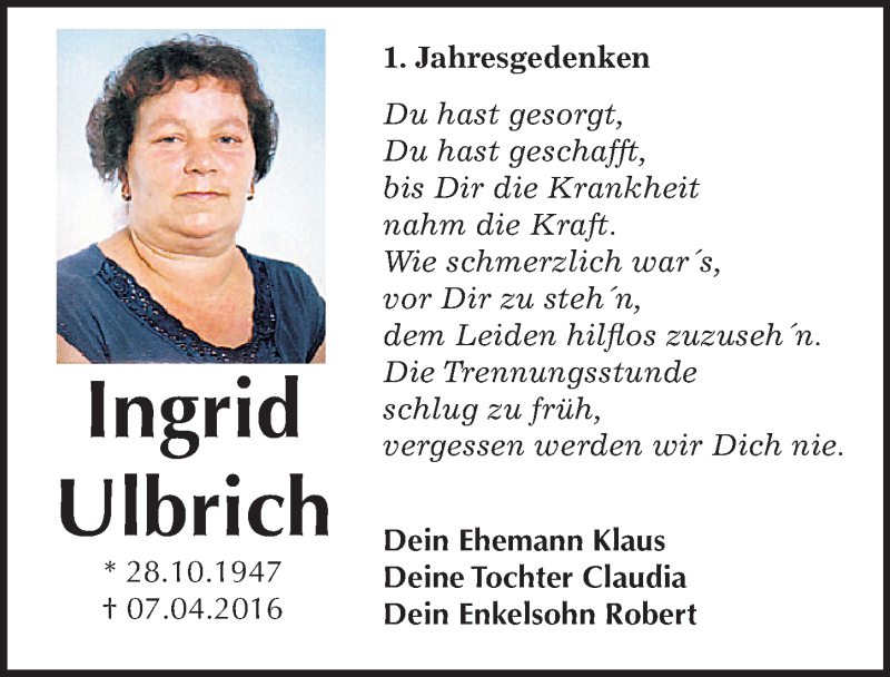  Traueranzeige für Ingrid Ulbrich vom 07.04.2017 aus Mitteldeutsche Zeitung Bitterfeld
