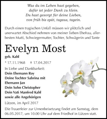 Traueranzeige von Evelyn Most von Super Sonntag Merseburg