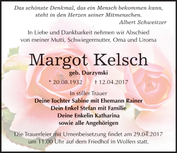 Traueranzeige von Margot Kelsch von Mitteldeutsche Zeitung Bitterfeld
