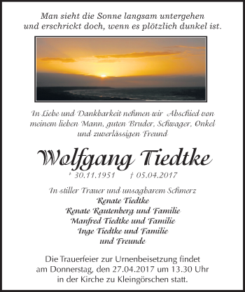 Traueranzeige von Wolfgang Tiedtke von Mitteldeutsche Zeitung Weißenfels