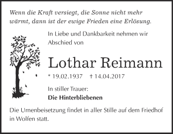 Traueranzeige von Lothar Reimann von WVG - Wochenspiegel Bitterfeld