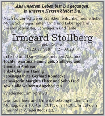 Traueranzeige von Irmgard Stollberg von Super Sonntag SGH Mansf. Land