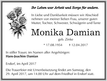 Traueranzeige von Monika Damian von Mitteldeutsche Zeitung Quedlinburg