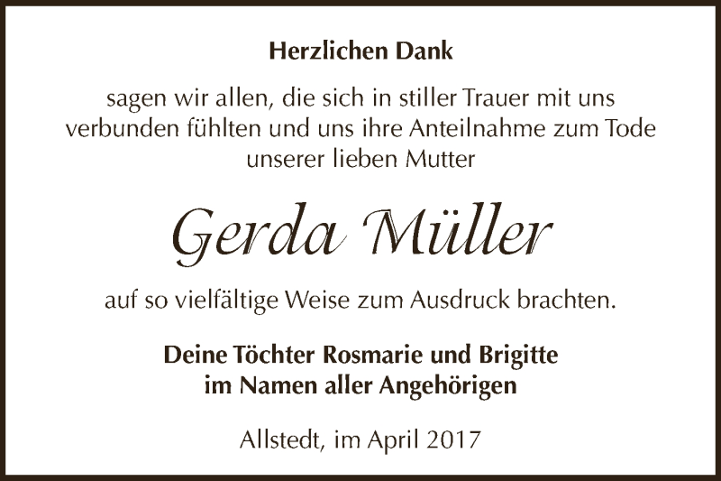  Traueranzeige für Gerda Müller vom 22.04.2017 aus Super Sonntag SGH Mansf. Land