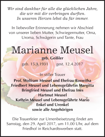 Traueranzeige von Marianne Meusel von Mitteldeutsche Zeitung Weißenfels
