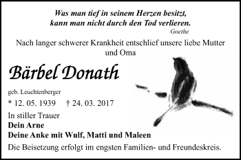 Traueranzeige von Bärbel Donath von WVG - Wochenspiegel Bitterfeld