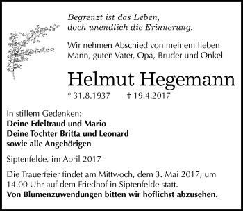 Traueranzeige von Helmut Hegemann von Mitteldeutsche Zeitung Quedlinburg