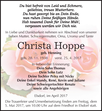 Traueranzeige von Christa Hoppe von Mitteldeutsche Zeitung Köthen