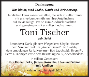 Traueranzeige von Toni Tischer von Mitteldeutsche Zeitung Merseburg/Querfurt