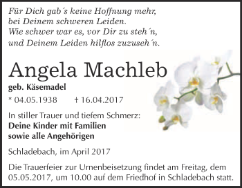 Traueranzeige von Angela Machleb von Super Sonntag Merseburg